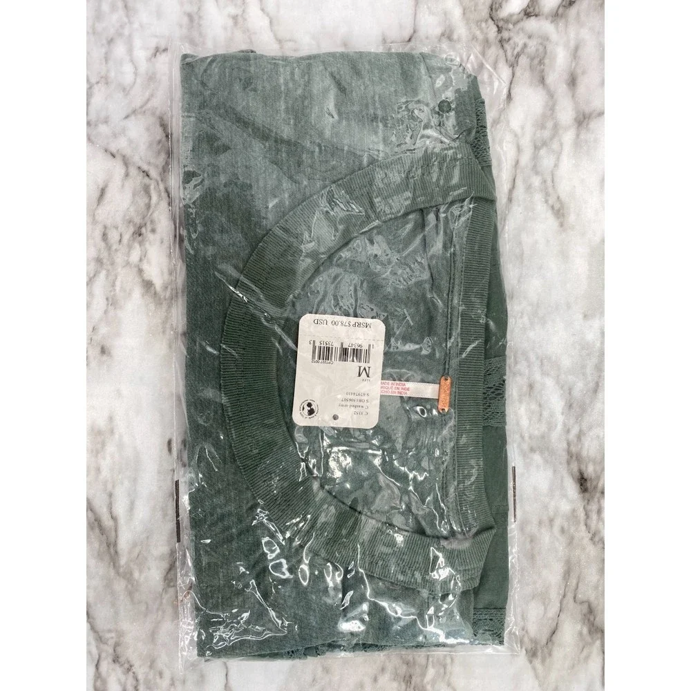 Free People NWT Fall in Love Lace Inset Ruffle Bottom Tee Washed Army Medium New - Picture 8 of 10